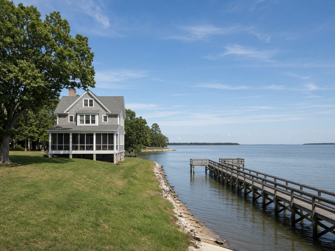 Gray shingled waterfront home with a screened porch and a private pier on the Patuxent River in Broomes Island, Maryland