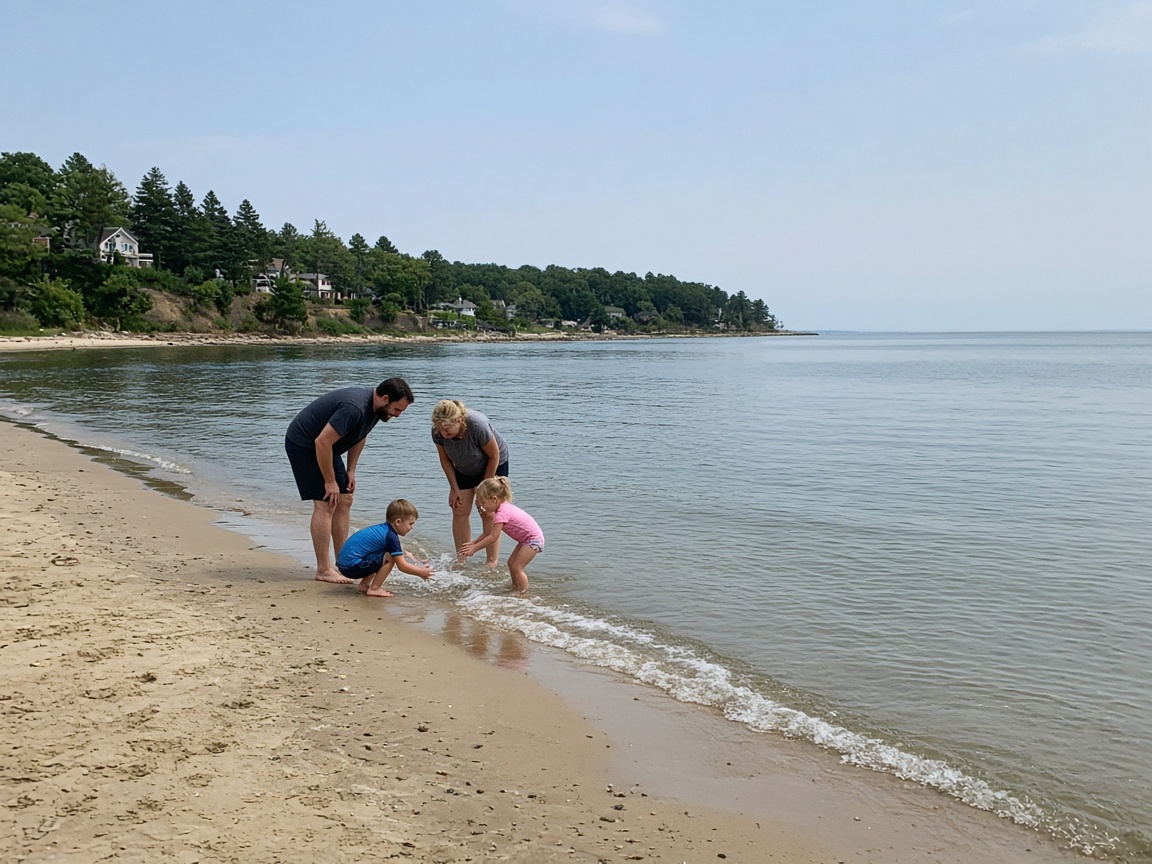 Family playing on a Chesapeake Bay beach in the Cove Point area of Lusby, Maryland.