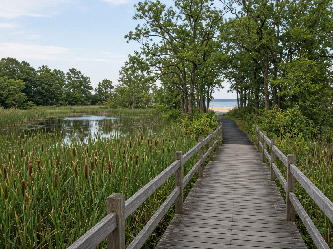 Boardwalk through a cattail marsh leading to a Chesapeake Bay beach near Port Republic, Maryland