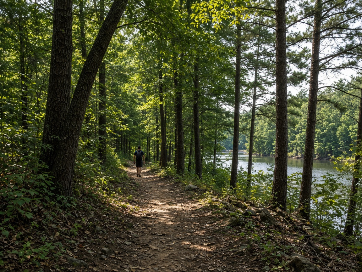 Hiker on a wooded trail beside a lake in a state park near Great Mills, Maryland
