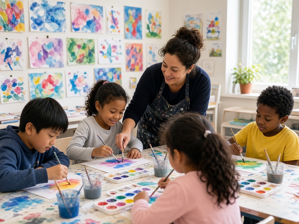 Elementary students painting with watercolors in an art class in Charles County, Maryland