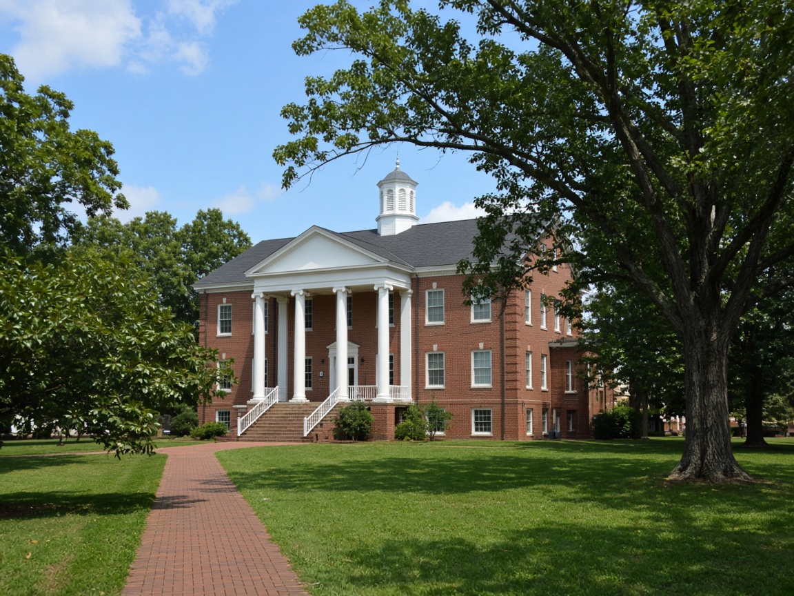 Brick colonial style government building with white columns and a lawn in a Southern Maryland county seat