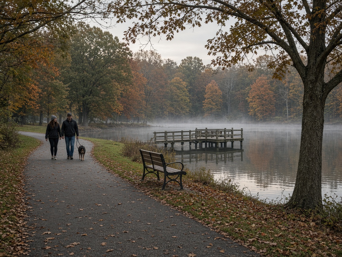 Couple walking a dog on a paved path beside a misty pond and fishing pier in fall in Bowie, Maryland