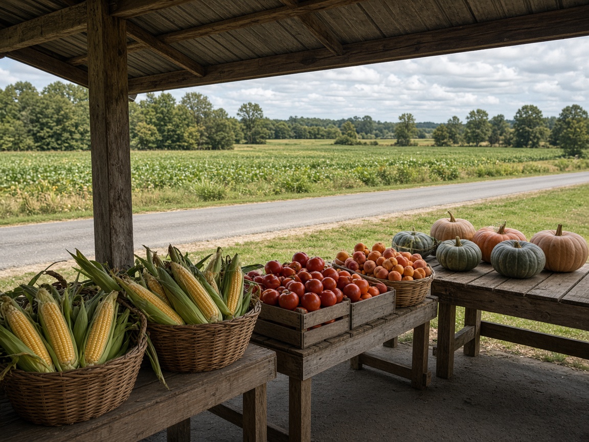 Farm stand with baskets of sweet corn, tomatoes, peaches, and pumpkins beside a country road in Calvert County, Maryland