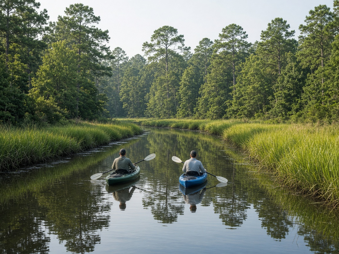 Kayakers paddling a calm tidal creek lined with marsh grass and trees near Broomes Island, Maryland