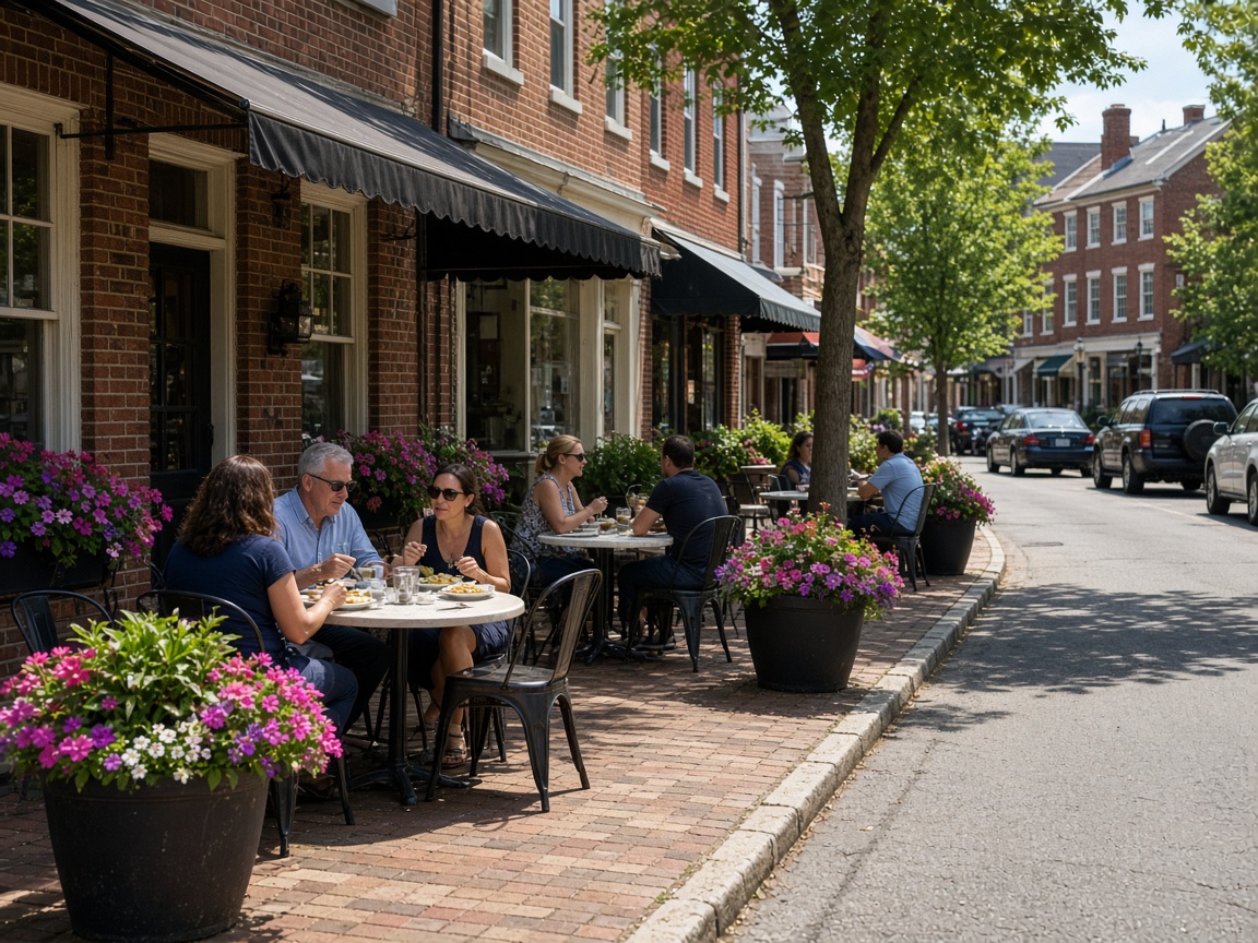 Sidewalk dining outside brick storefronts in downtown La Plata, Maryland