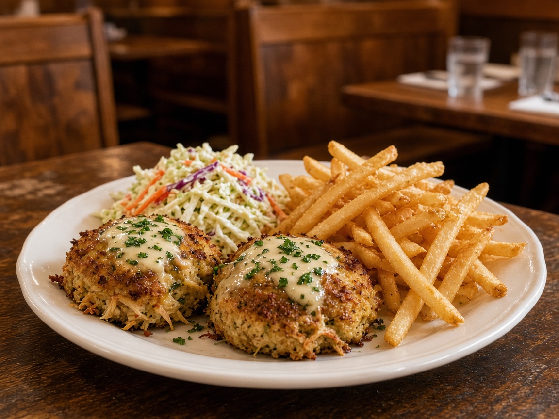 Two Maryland crab cakes with coleslaw and fries at a family restaurant in Great Mills, Maryland