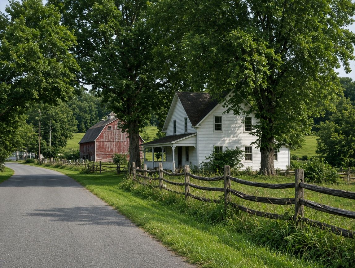 White farmhouse and red barn beside a rural road near Brandywine, Maryland