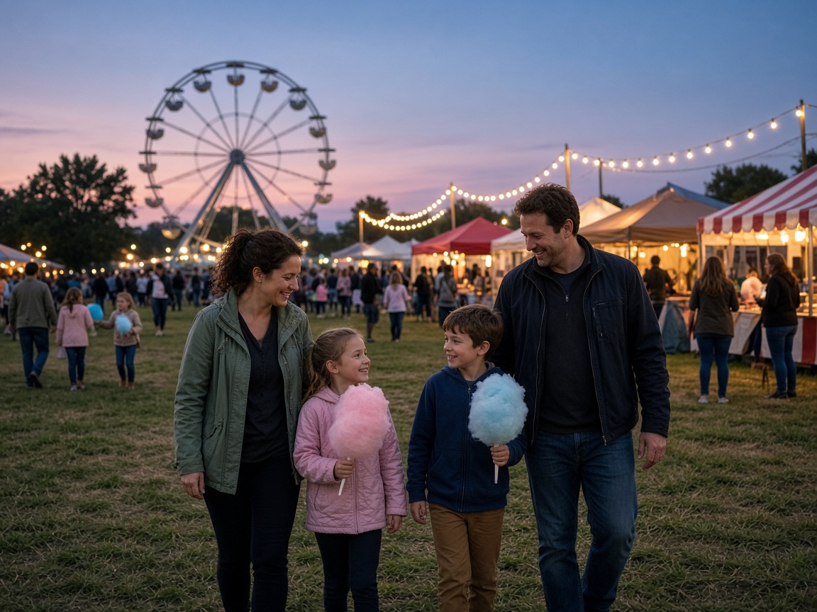 Family with cotton candy at an evening county fair with a Ferris wheel in St. Mary's County, Maryland