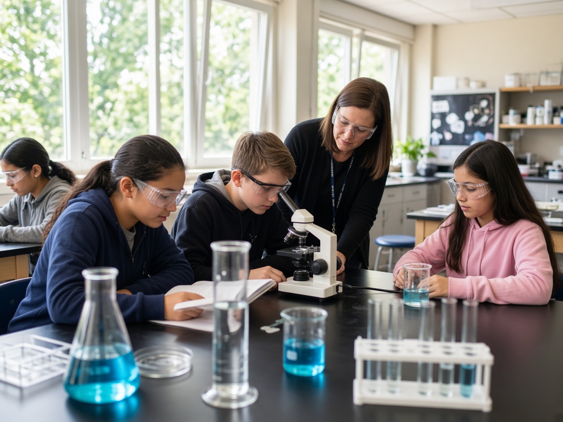 Middle school students using a microscope in a science lab in Charles County, Maryland