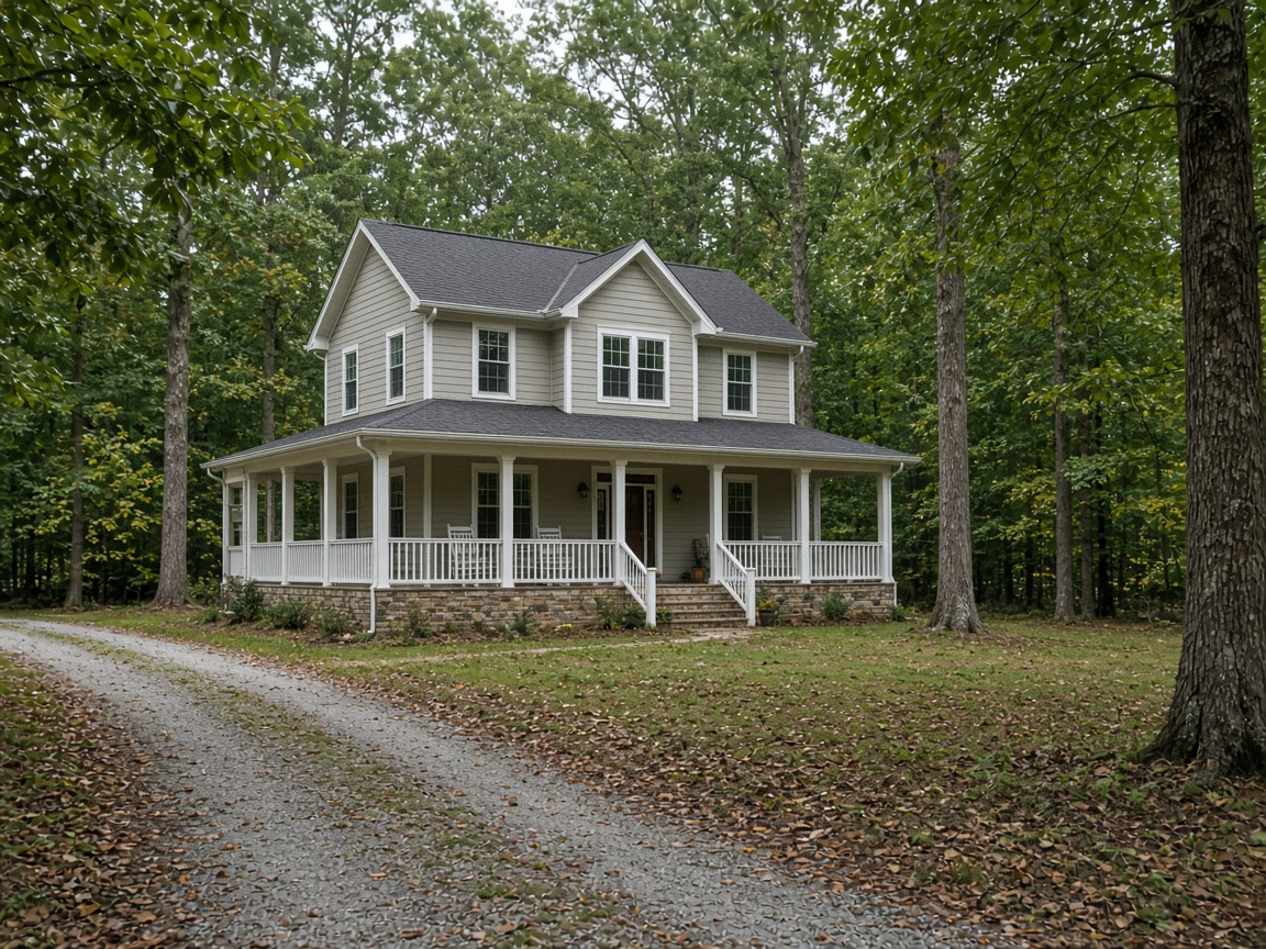Two story home with a wraparound porch and gravel driveway on a wooded lot in Port Republic, Maryland