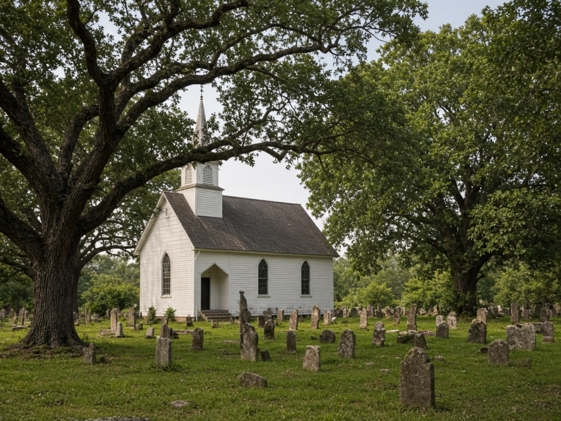 Small white country church with a steeple and old graveyard under large oaks in rural Calvert County, Maryland