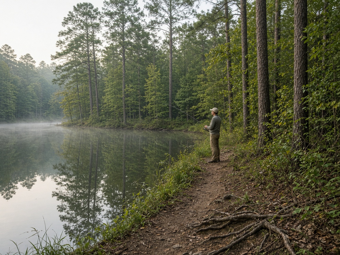 Fishing at the pond in Cedarville State Forest near Brandywine, Maryland.