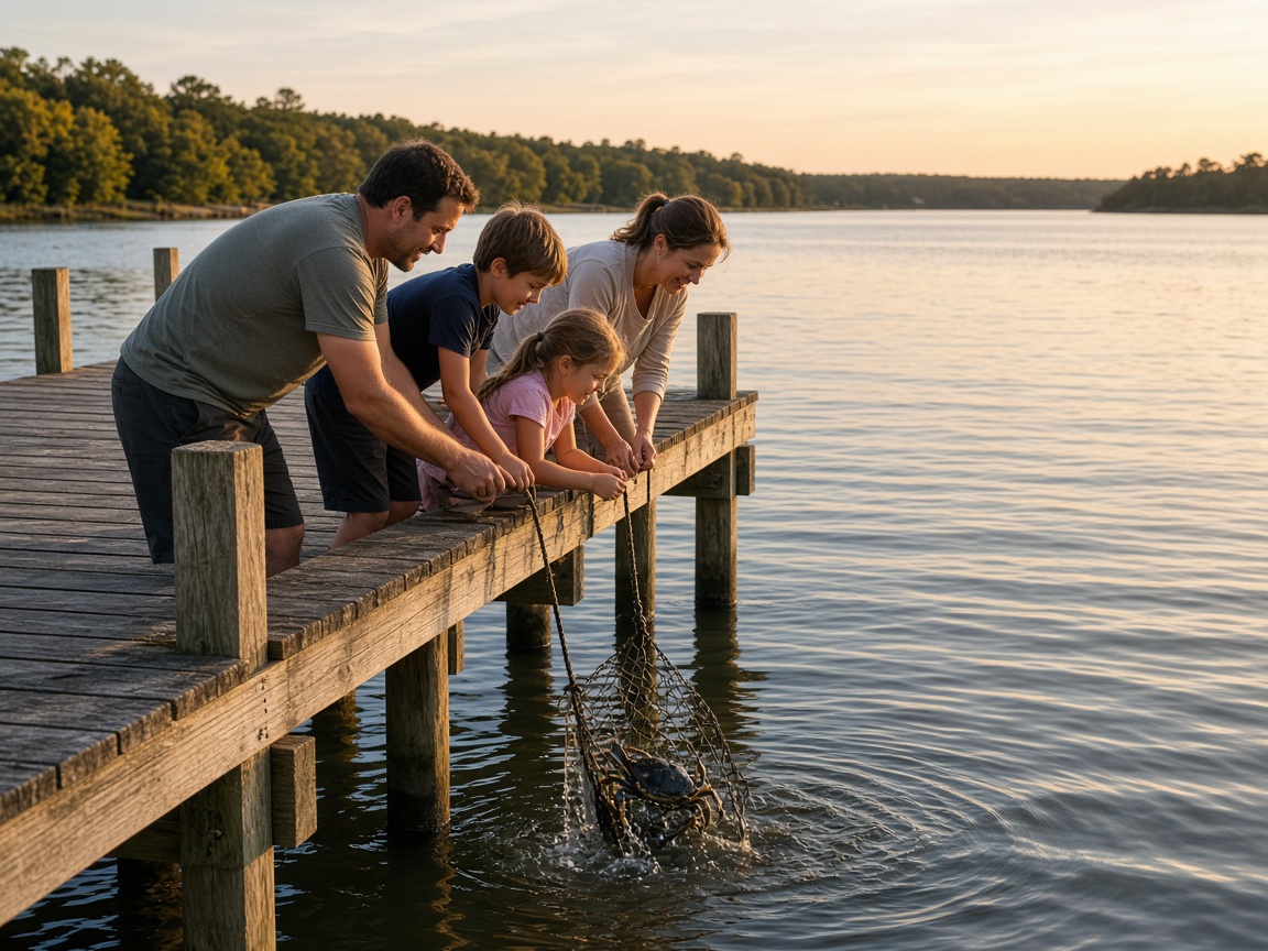 Family pulling up a crab net off a wooden pier on a summer evening on the Patuxent River in Calvert County, Maryland