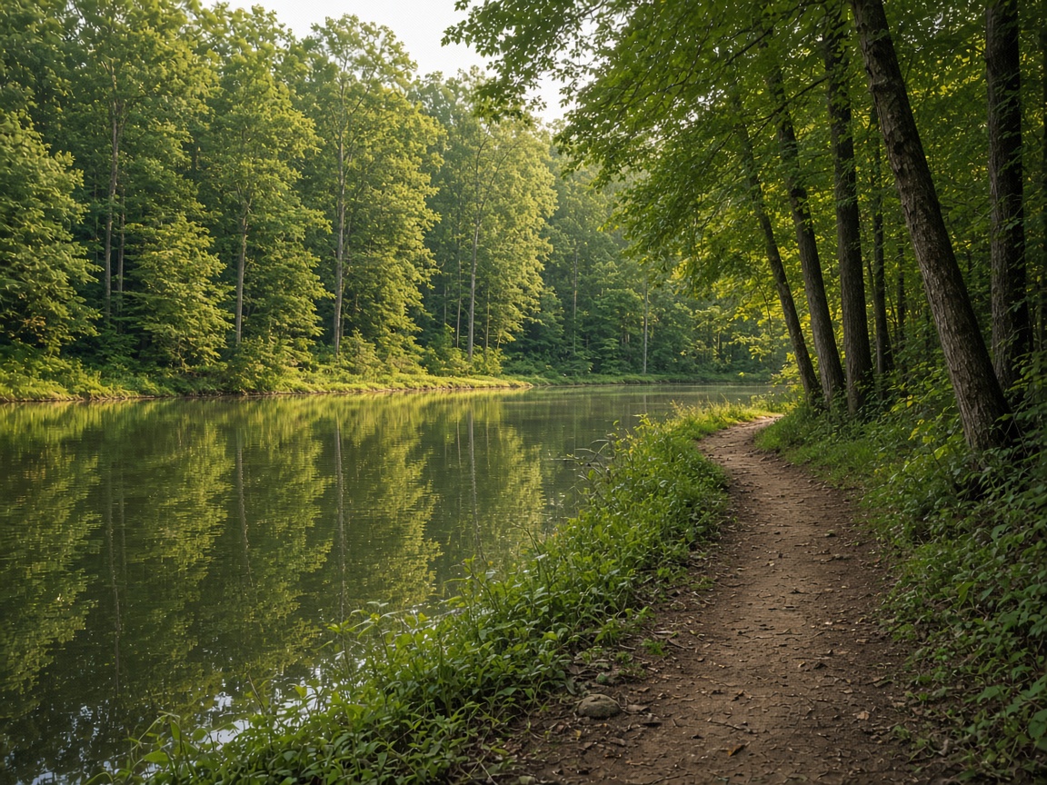Dirt trail along a quiet lake reflecting green hardwood forest near Great Mills, Maryland