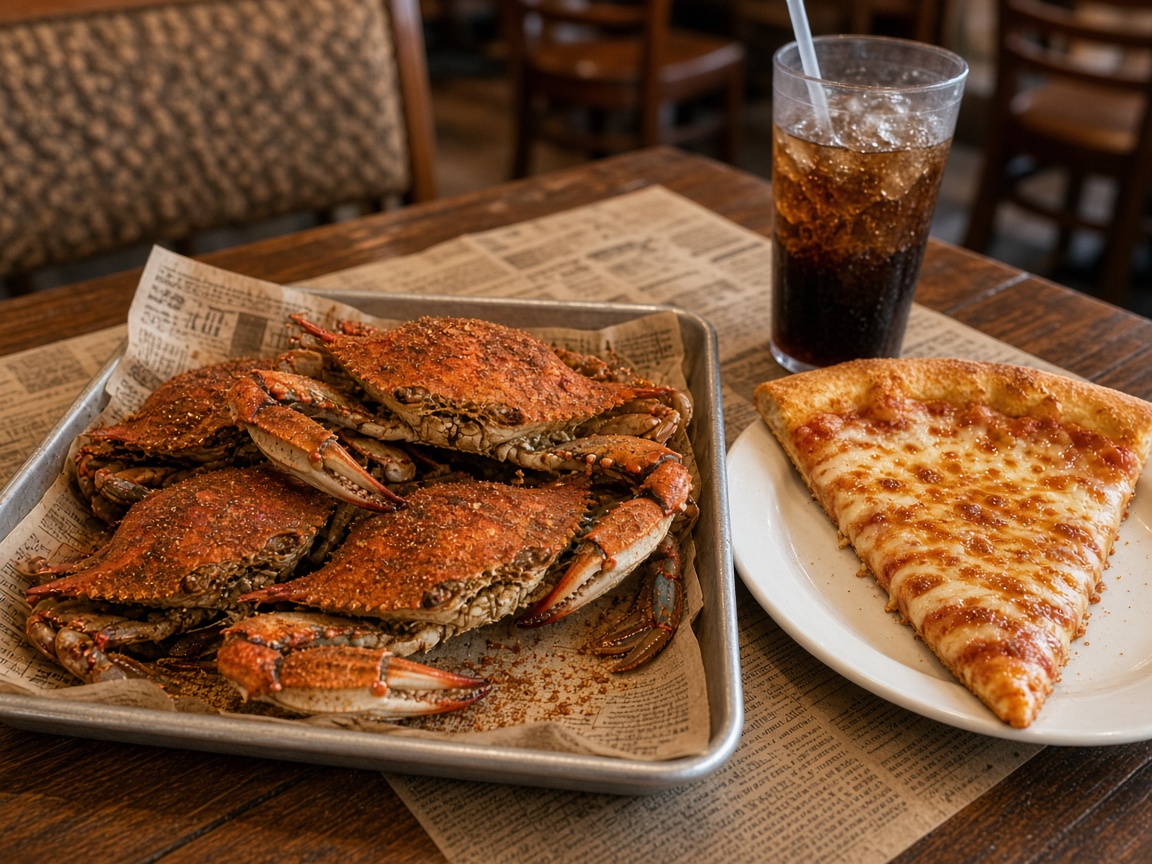 Tray of steamed blue crabs and a slice of pizza at a casual restaurant in Bryans Road, Maryland