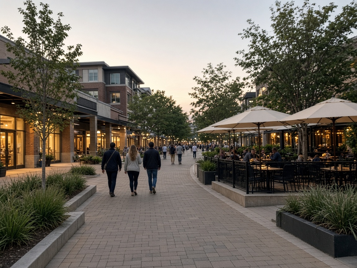 Shoppers walking past storefronts and an outdoor restaurant patio at an open air town center in Bowie, Maryland