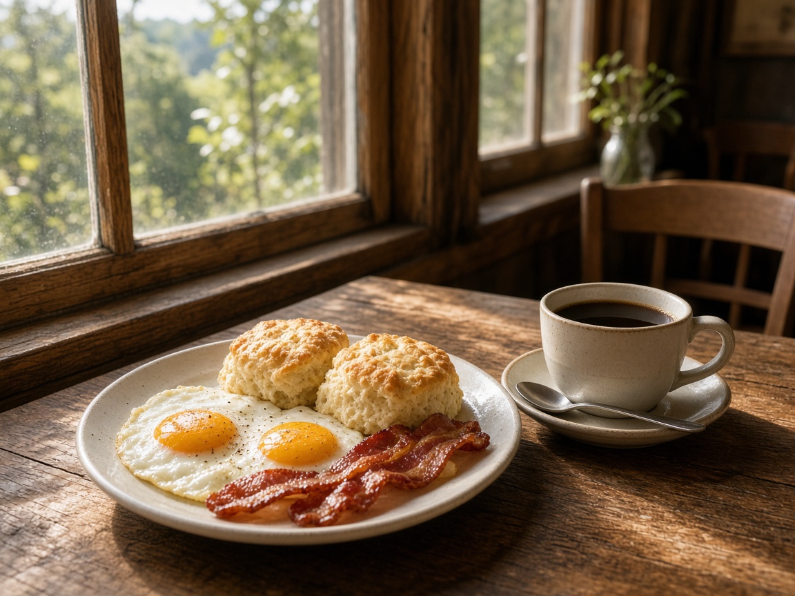 Breakfast of eggs, bacon, biscuits, and coffee by a window at a country cafe in Saint Leonard, Maryland