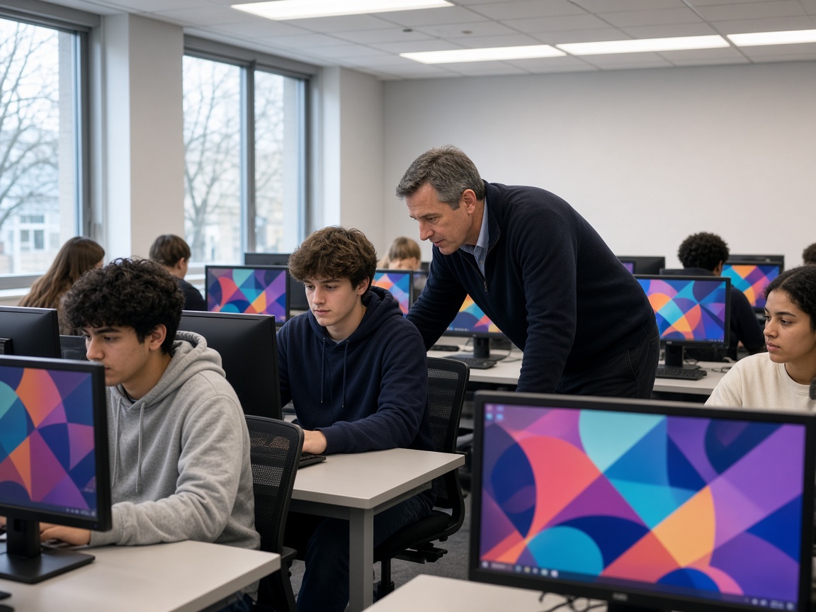 Teacher helping high school students at computers in a school computer lab in Prince George's County, Maryland
