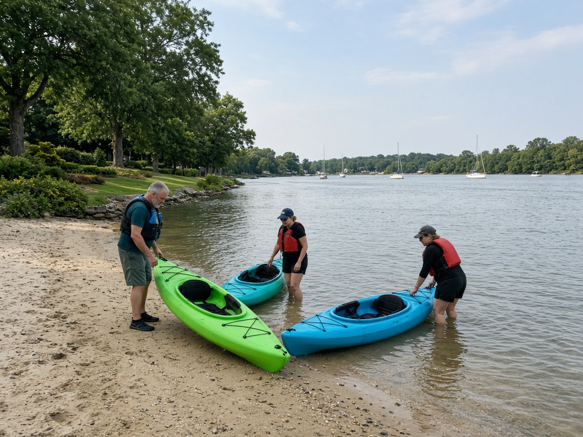 Kayaks on the South River at Quiet Waters Park in Annapolis, Maryland.