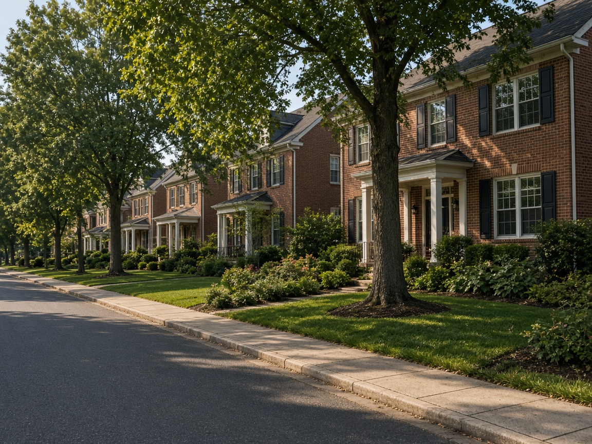 Brick colonial homes on a tree lined street with sidewalks in Upper Marlboro, Maryland