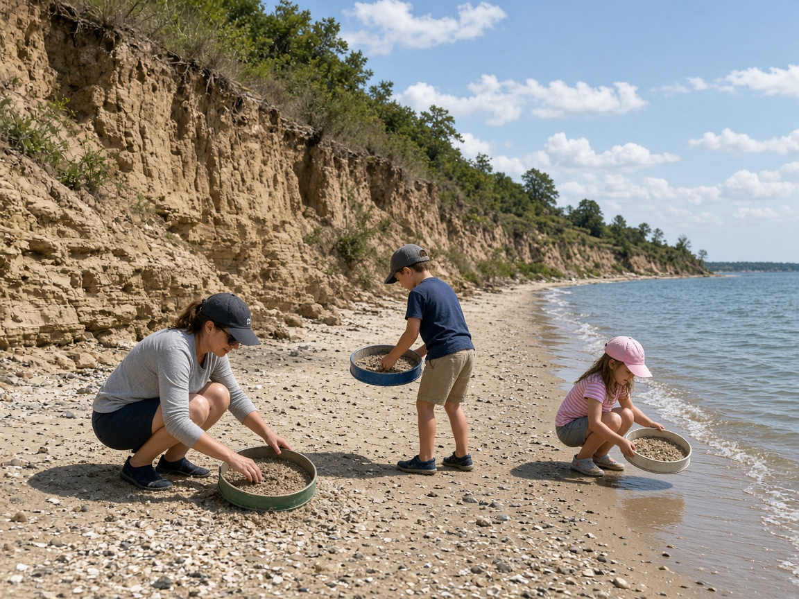 Family sifting for fossil shark teeth on a bay beach below tall cliffs in Calvert County, Maryland