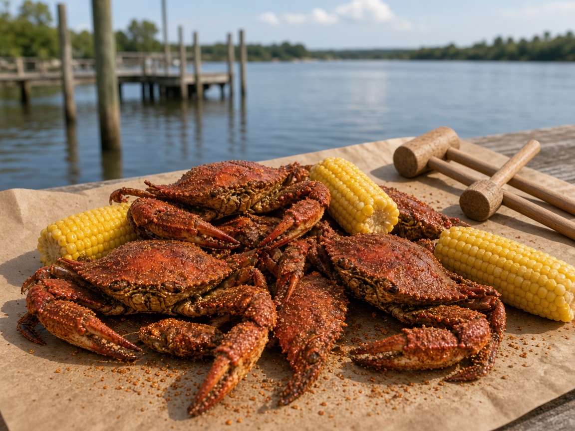 Steamed blue crabs and corn on a paper covered picnic table beside the river in Calvert County, Maryland
