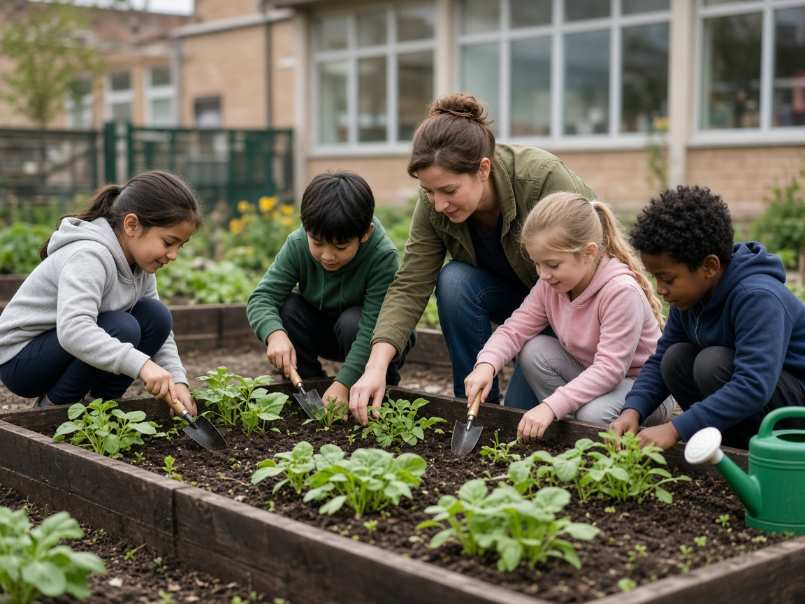 Elementary students and a teacher planting seedlings in a school garden in Calvert County, Maryland