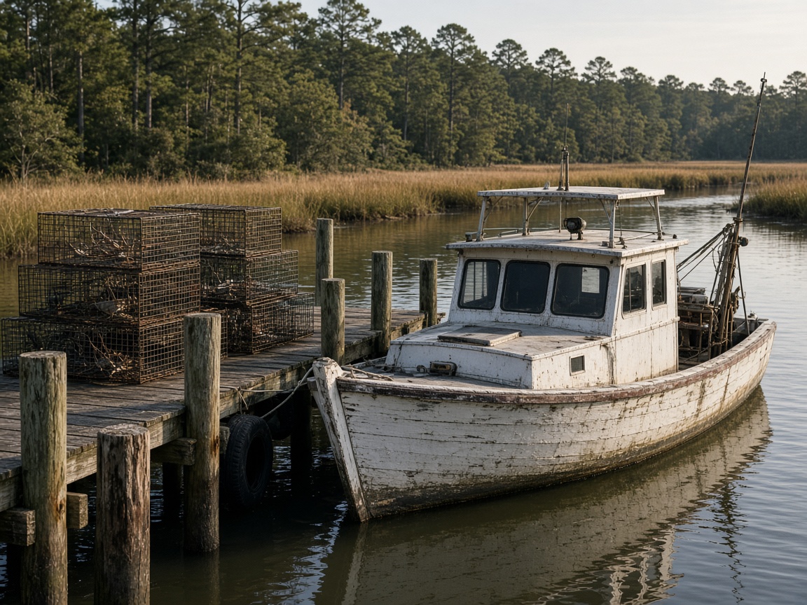 Weathered wooden workboat tied to a pier with crab pots stacked on the dock in Calvert County, Maryland