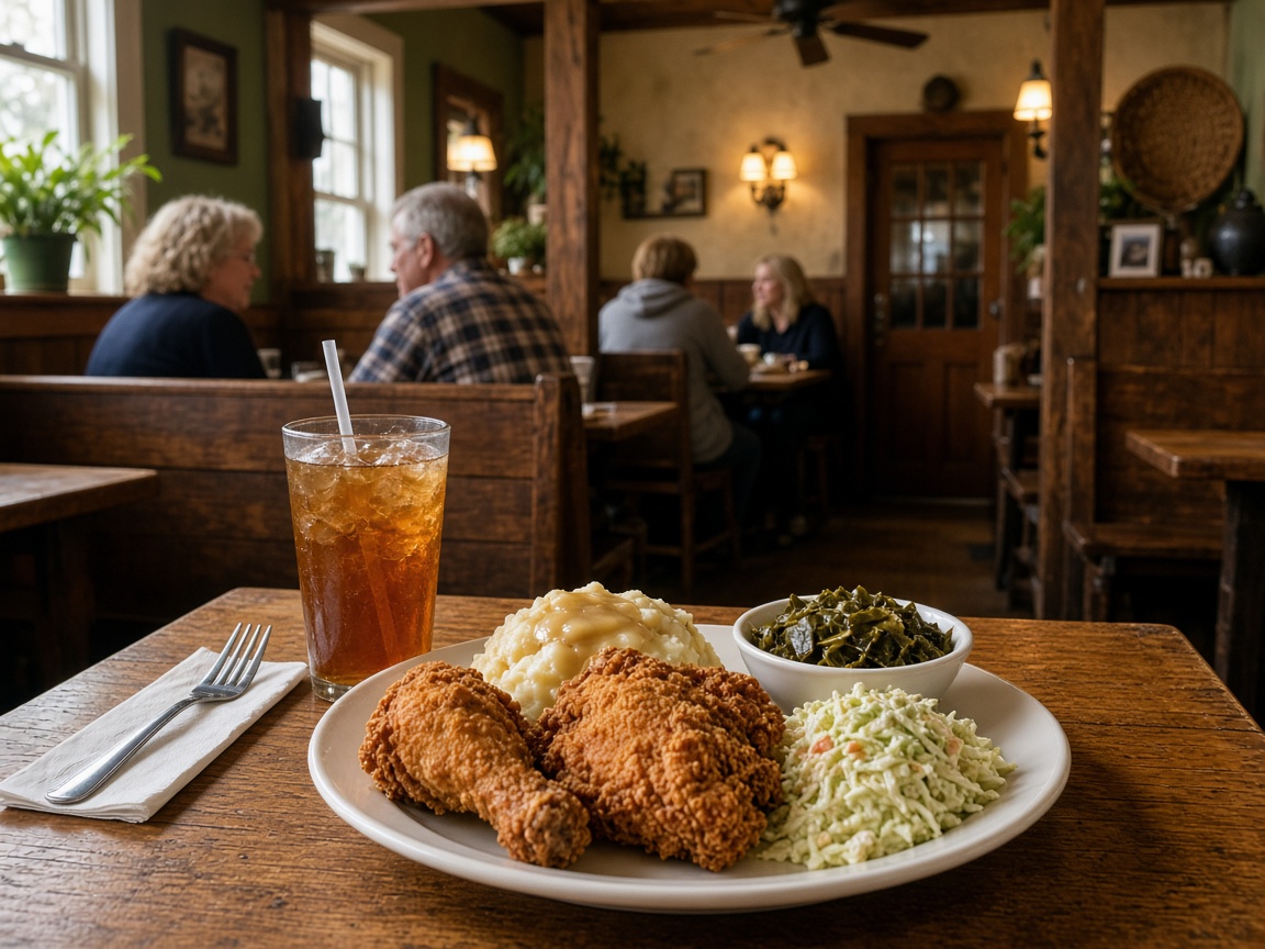 Fried chicken plate and iced tea at a country restaurant in Hughesville, Maryland