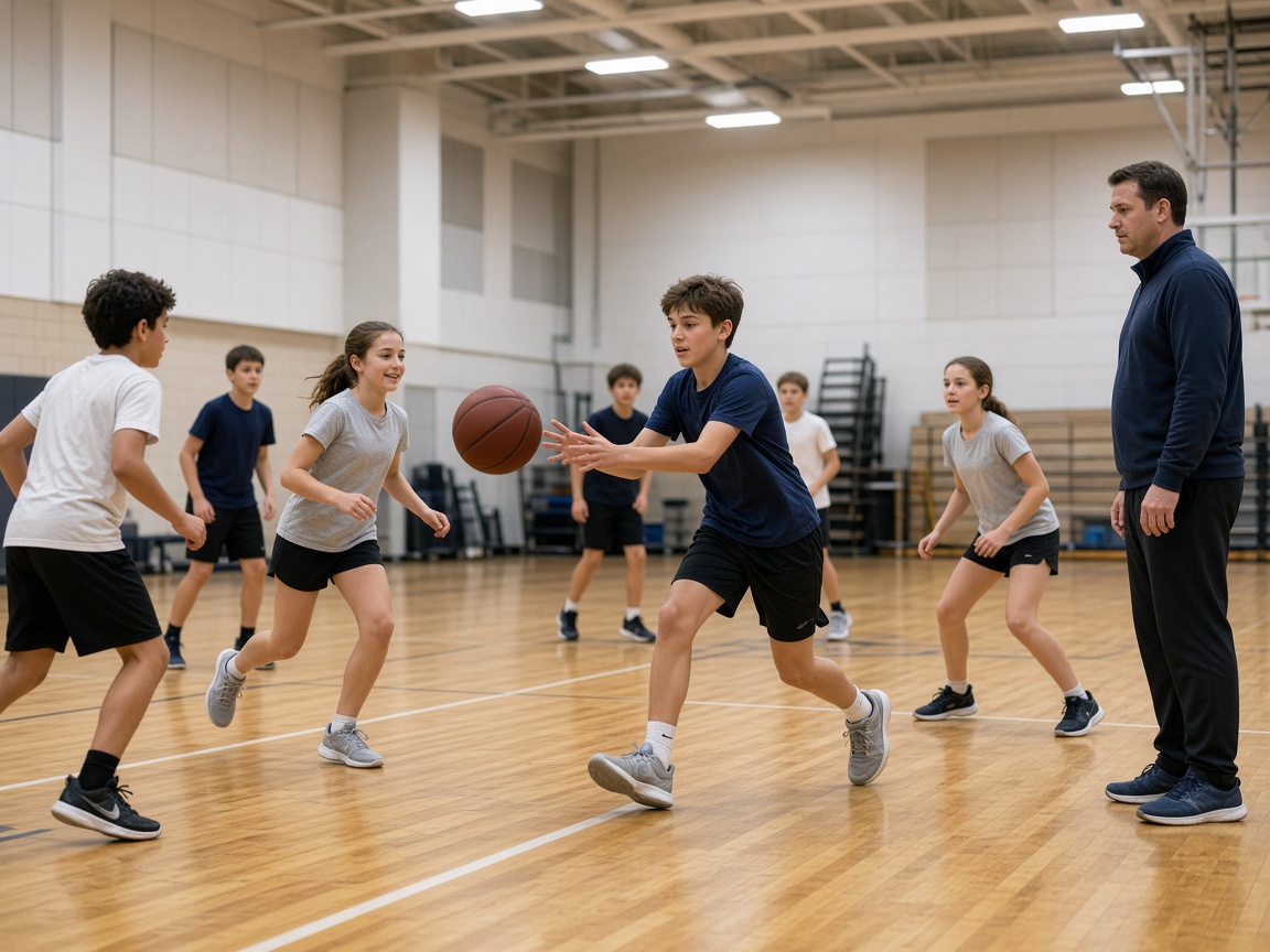 Middle school students running basketball drills in gym class in St. Mary's County, Maryland