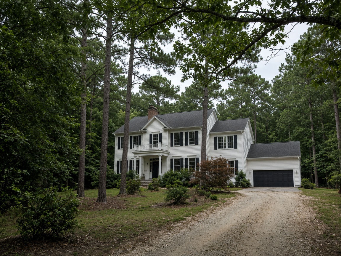Colonial home on a wooded lot with a gravel driveway in Hughesville, Maryland