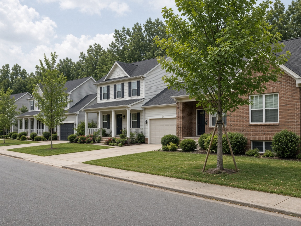 Colonial homes and a brick rancher on a suburban street in La Plata, Maryland