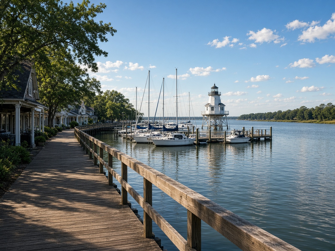 Harbor boardwalk and marina in Solomons, MD