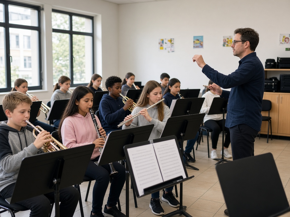 Middle school band students playing trumpets, clarinets, and flutes in a music room in Prince George's County, Maryland