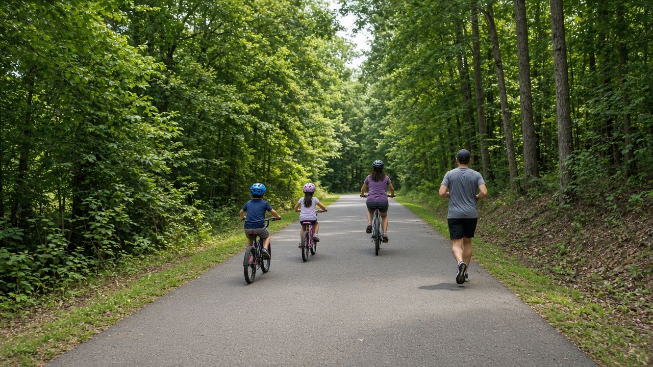 Family biking on the paved Three Notch Trail near Mechanicsville, Maryland