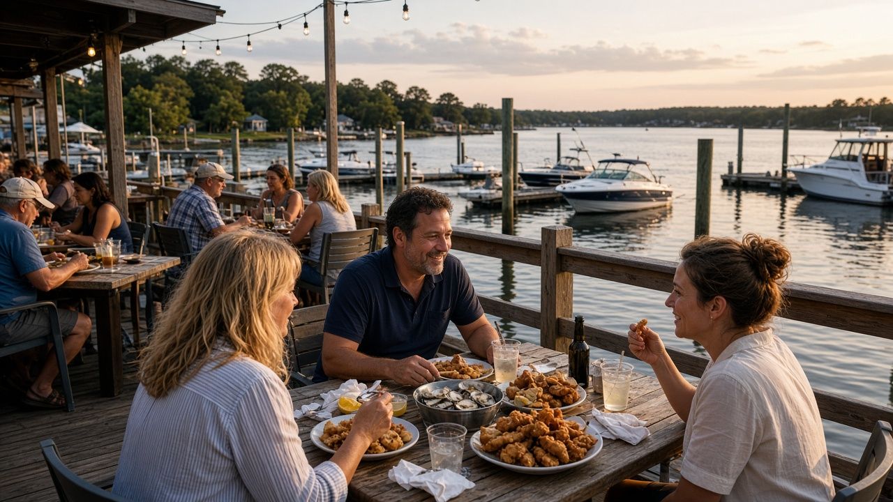 Diners eating seafood on a marina deck at sunset on Cobb Island near Newburg, Maryland