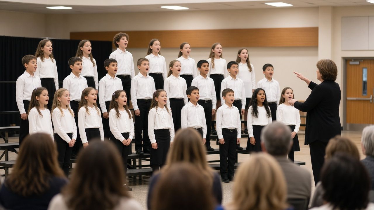 Elementary school chorus singing on risers for parents in Charles County, Maryland