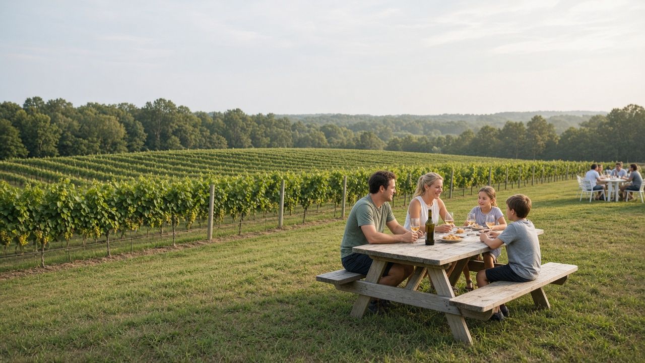 Friends tasting wine at a vineyard in Calvert County, Maryland