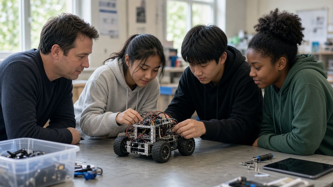 Middle school students building a robot with their teacher in a robotics club in Calvert County, Maryland