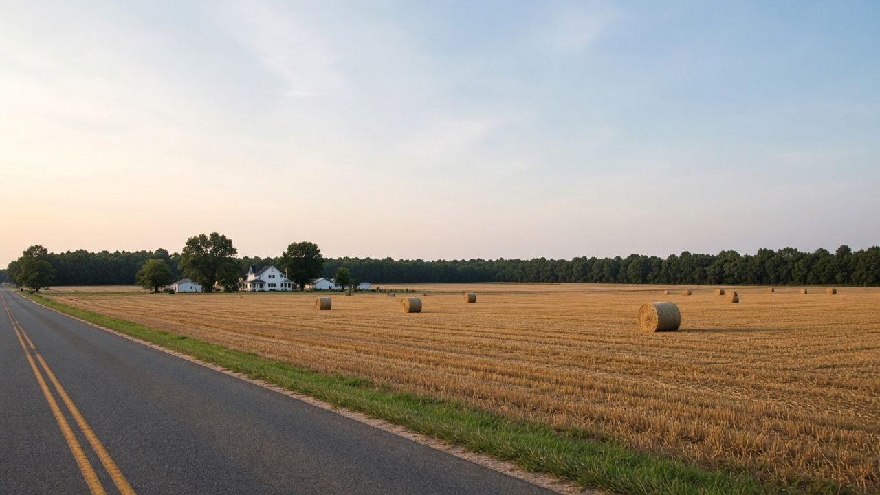Flat farmland and a farmhouse under a wide sky in Charlotte Hall, Maryland