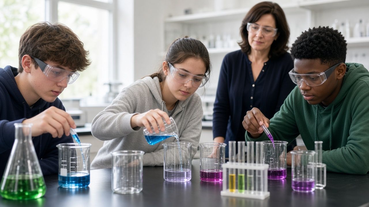 Students in safety goggles doing a chemistry lab in a St. Mary's County, Maryland classroom