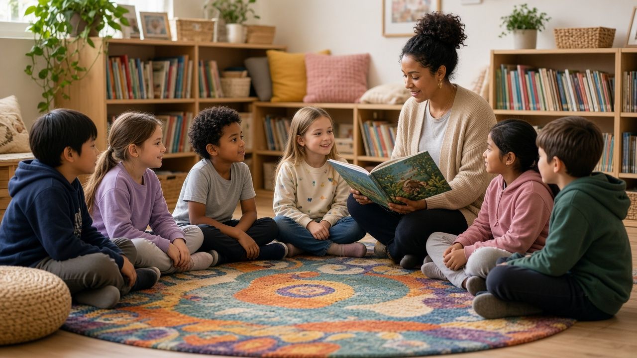 Young students in a reading circle with their teacher in a St. Mary's County, Maryland classroom