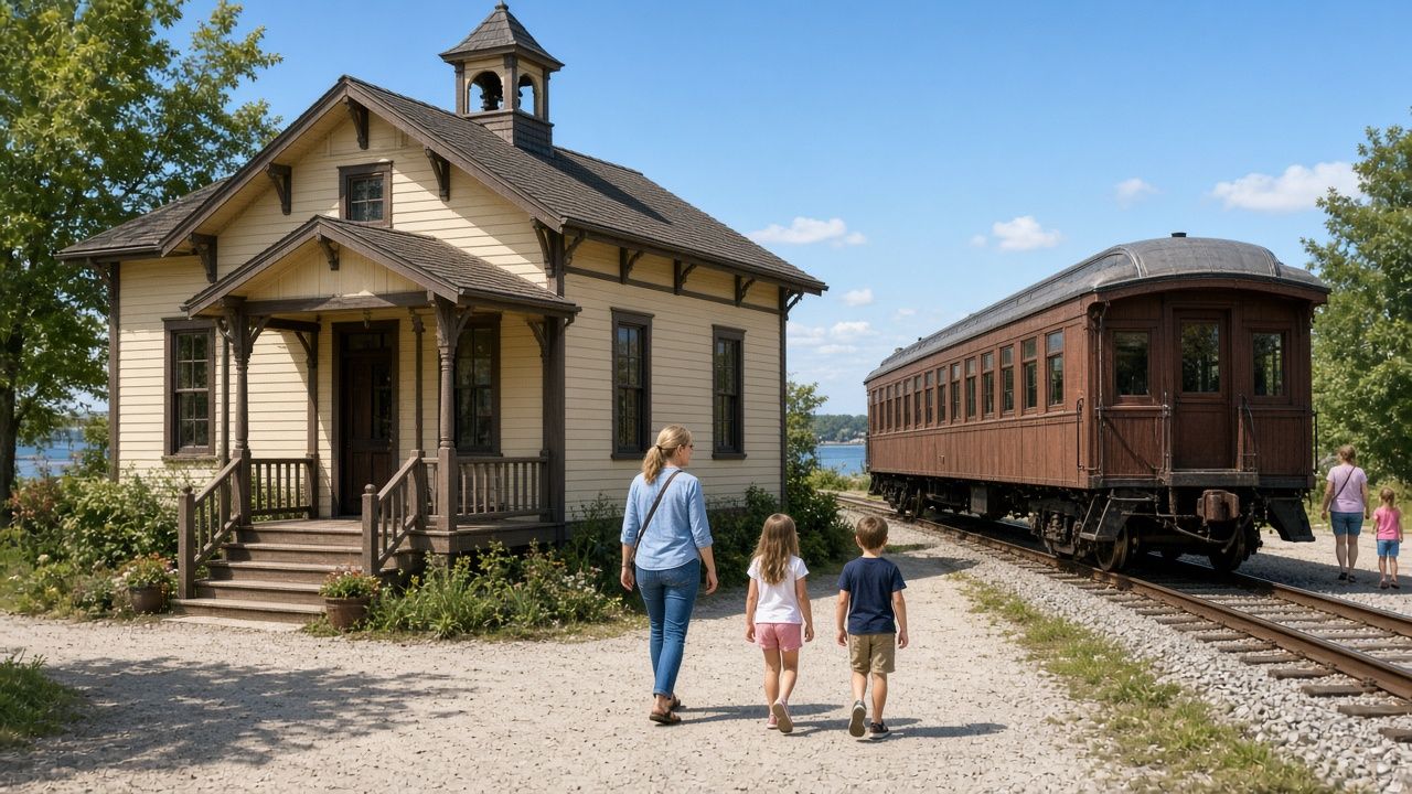 Family visiting a historic railway station museum and passenger car in Chesapeake Beach near Owings, Maryland