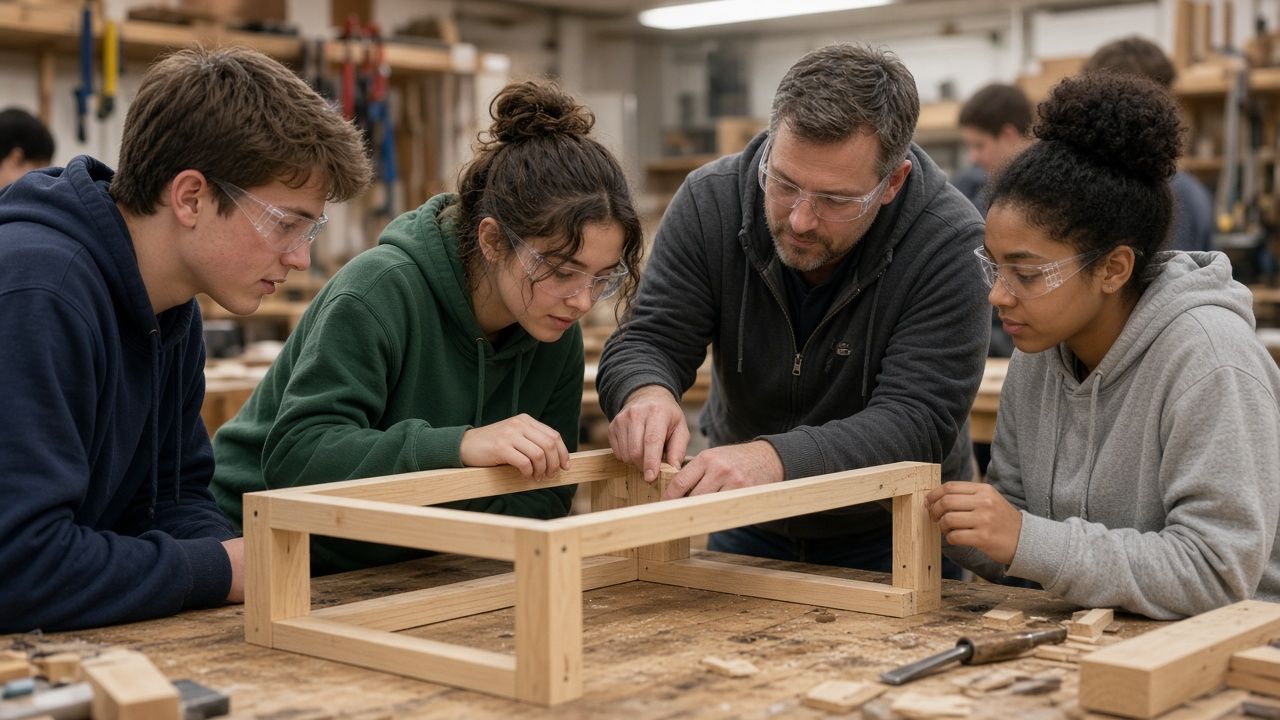 Students building a project in a school engineering shop in Calvert County, Maryland