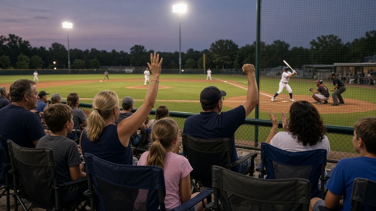 Families cheering at a minor league baseball game on a summer night near White Plains, Maryland