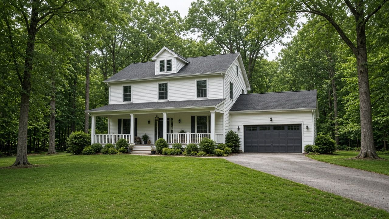 White two story farmhouse style colonial with a front porch on a wooded lot in Owings, Maryland