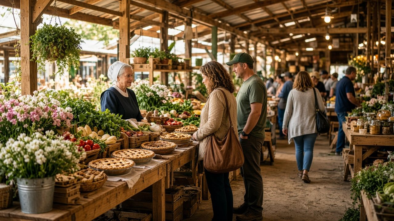 Vendor selling baked pies at an indoor farmers market near Mechanicsville, Maryland