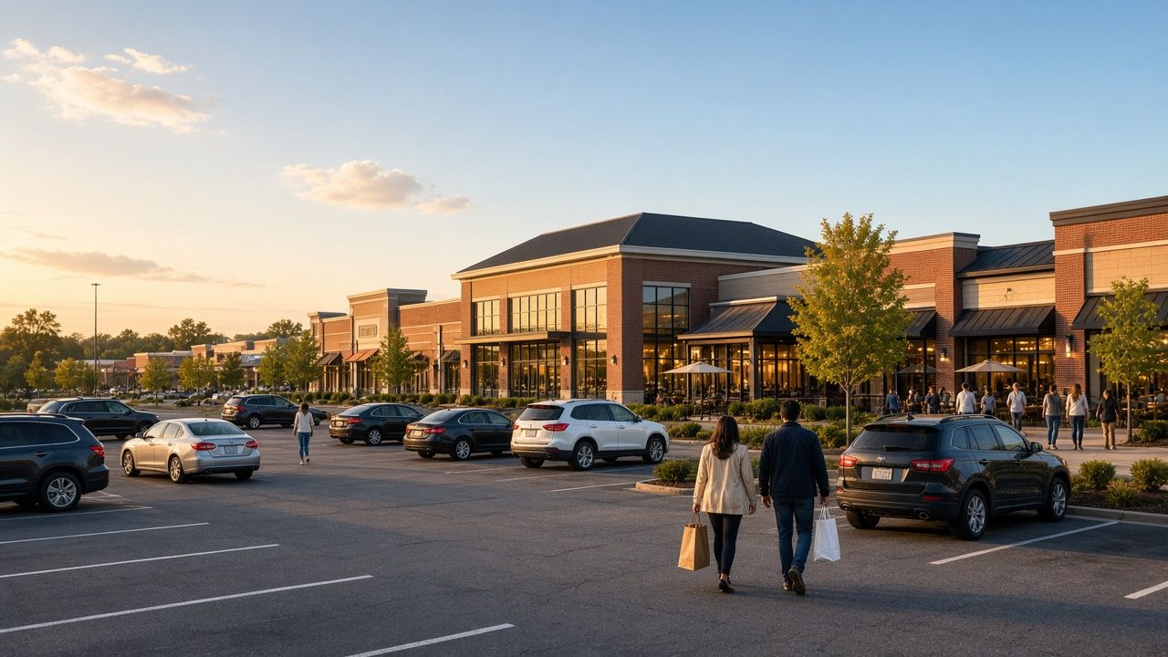 Shoppers walking past stores and restaurants at a shopping center near White Plains, Maryland