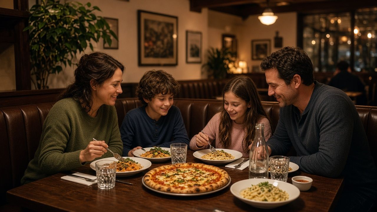 Family sharing pizza at a local restaurant in Huntingtown, Maryland